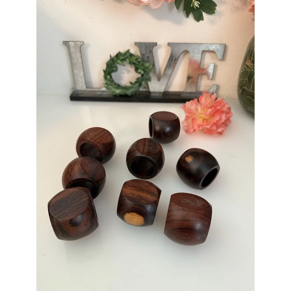 Vintage Lot of 8 Hand Made Brown Wooden Napkin‎ Rings Flat End Boho Decor 2 In